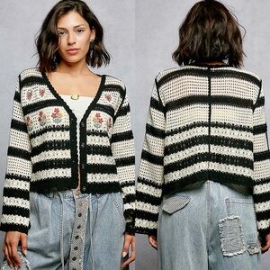 NEW POL Crochet Striped Cardigan Floral Embroidered Button Front Boho Top OS